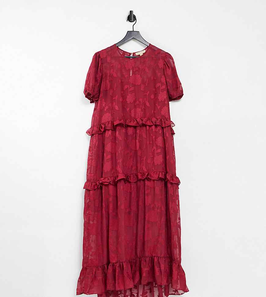 Dark Pink smock frill midi dress in textured red floral