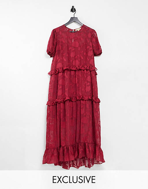 Dark Pink smock frill midi dress in textured red floral