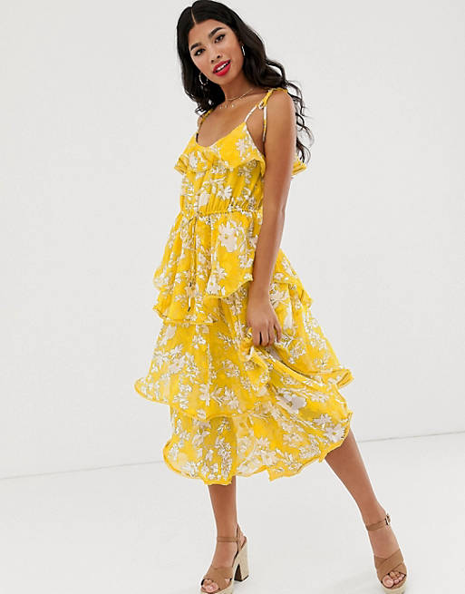 Dark Pink tiered frill midi dress in yellow floral | ASOS