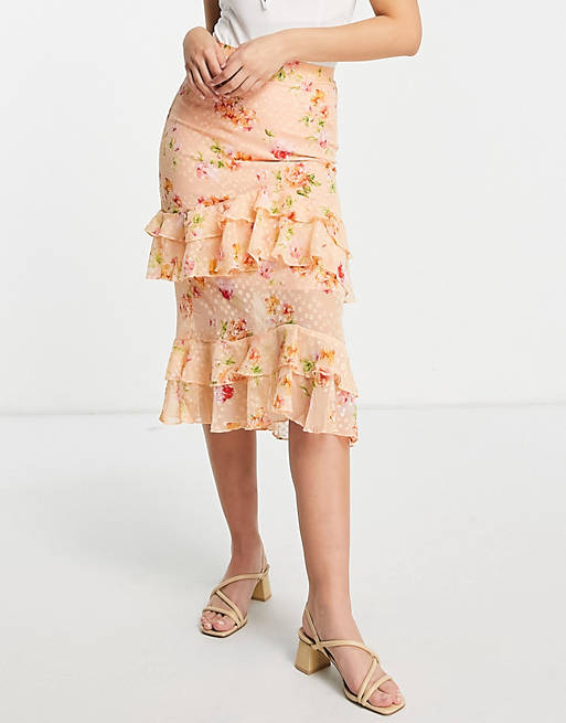 Dark Pink tiered frill textured midi skirt in ditsy peach floral