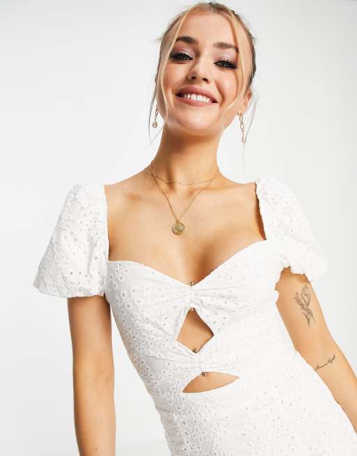 Dark Pink twist front broderie split midi dress in white, 2 of 4