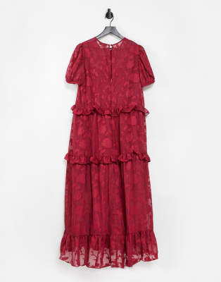 Vestito midi a grembiule con volant testurizzato rosso a fiori - Dark Pink  donna Rosso - immagine1