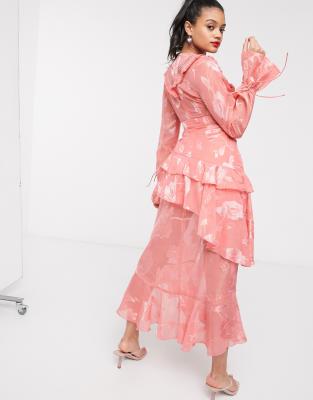 Vestito midi scollo profondo albicocca con volant-Arancione - Dark Pink  donna Arancione - immagine2