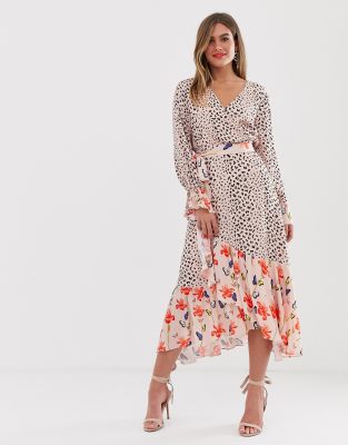 print wrap midi dress