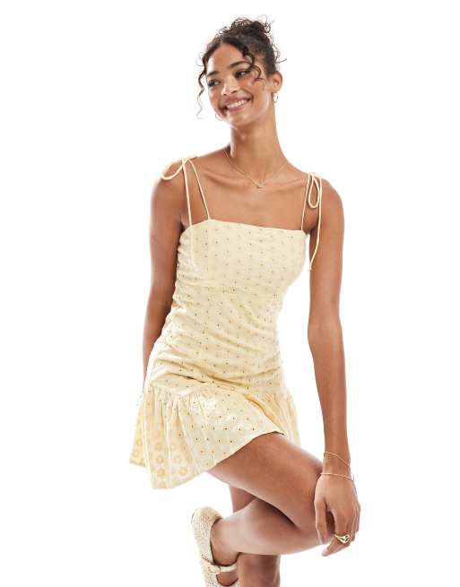 Dasiy Street dropped waist seamed mini dress with tie straps in buttermilk