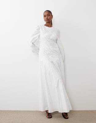 Daska asymmetric ruched balloon sleeves maxi dress in white white