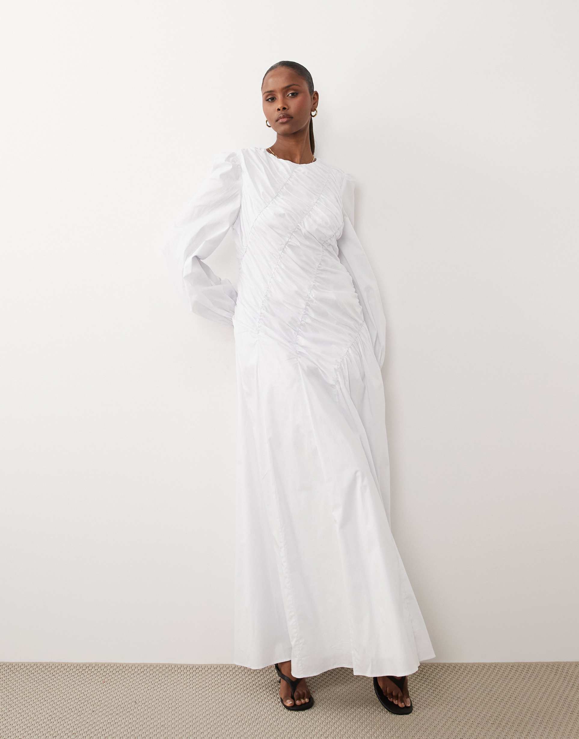 daska asymmetric ruched balloon sleeves maxi dress in white