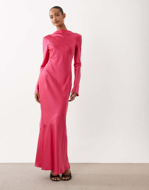 Daska bias cut long sleeve seam detailing satin maxi dress in pink - view 1
