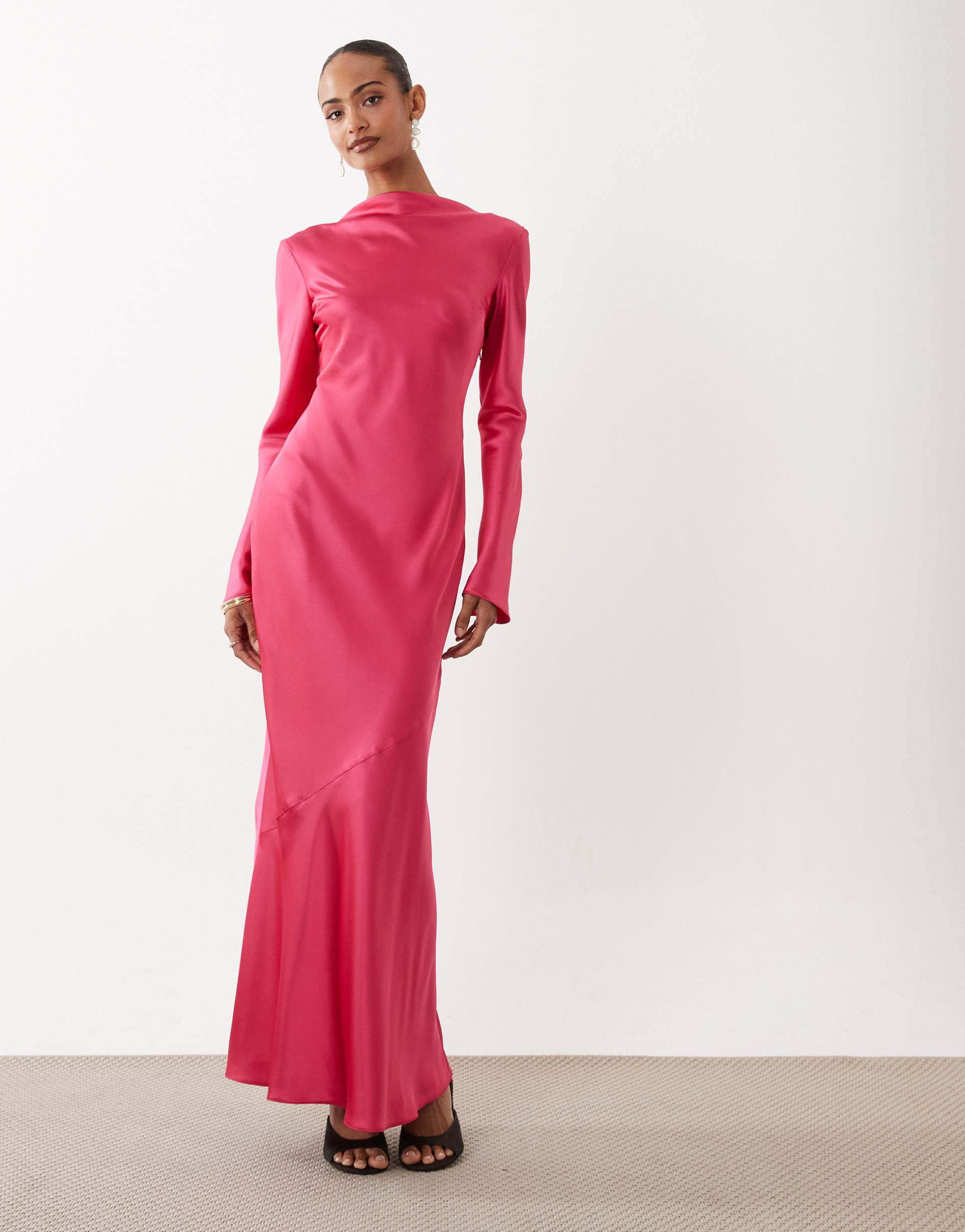 daska bias cut long sleeve seam detailing satin maxi dress in pink