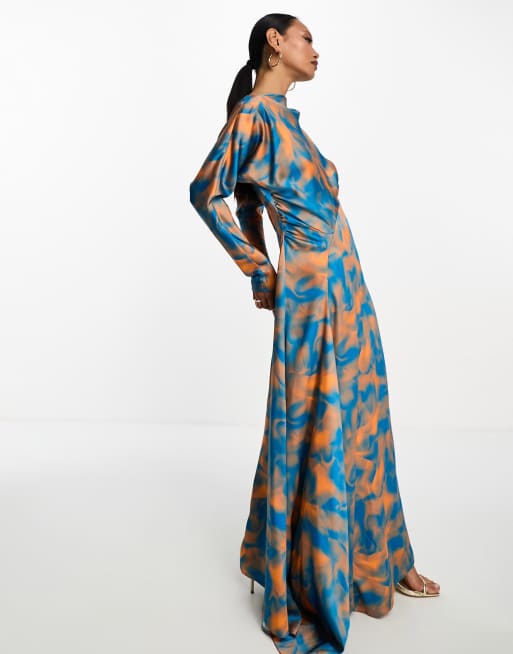 Daska - Blå og orange maxikjole med print 