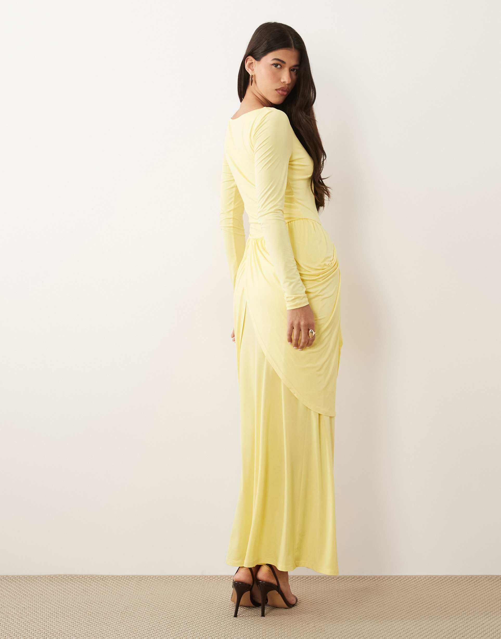 daska boat neck long sleeve draped skirt maxi dress in yellow