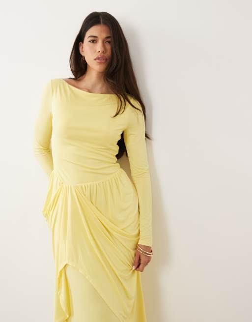 Daska boat neck long sleeve draped skirt maxi dress in yellow, 2 of 4