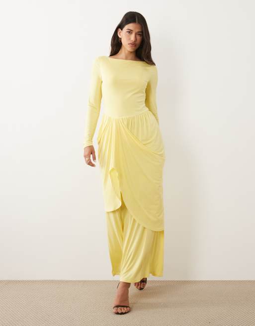 Daska boat neck long sleeve draped skirt maxi dress in yellow, 3 of 4