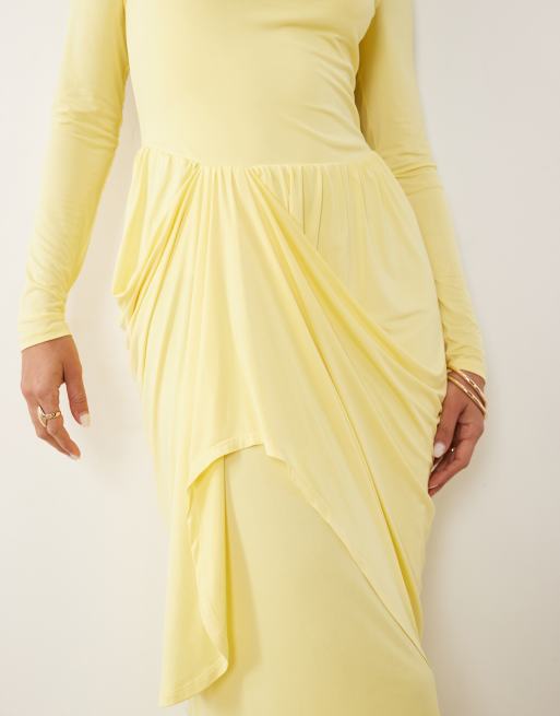 Daska boat neck long sleeve draped skirt maxi dress in yellow, 4 of 4