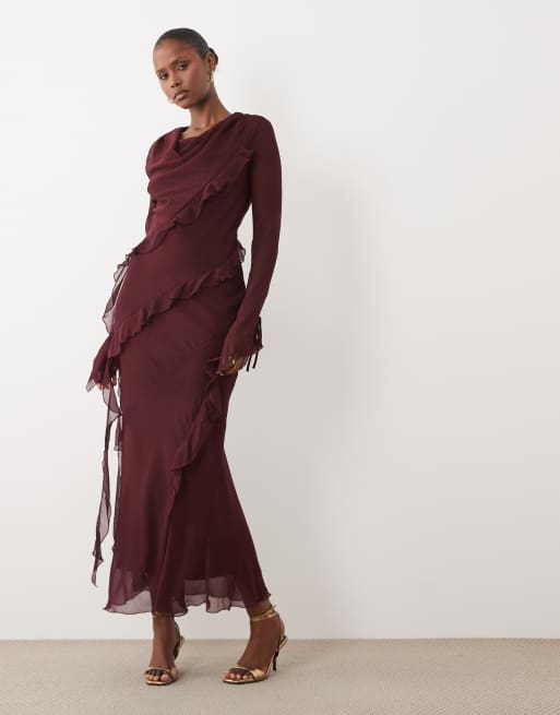 Daska - Bordeauxrød maxikjole i chiffon med flæser, 2 af 4
