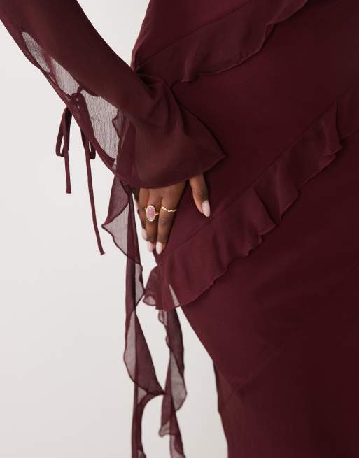 Daska - Bordeauxrød maxikjole i chiffon med flæser, 3 af 4