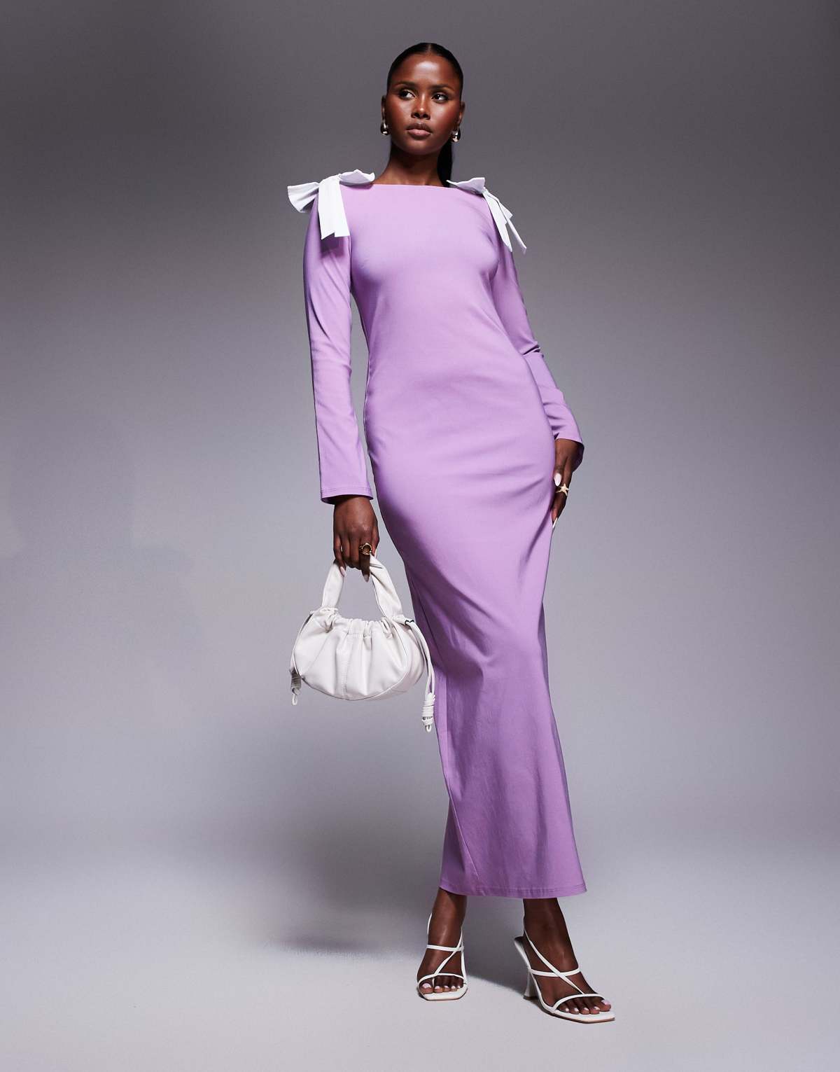 Daska bow shoulder maxi dress in lilac and white