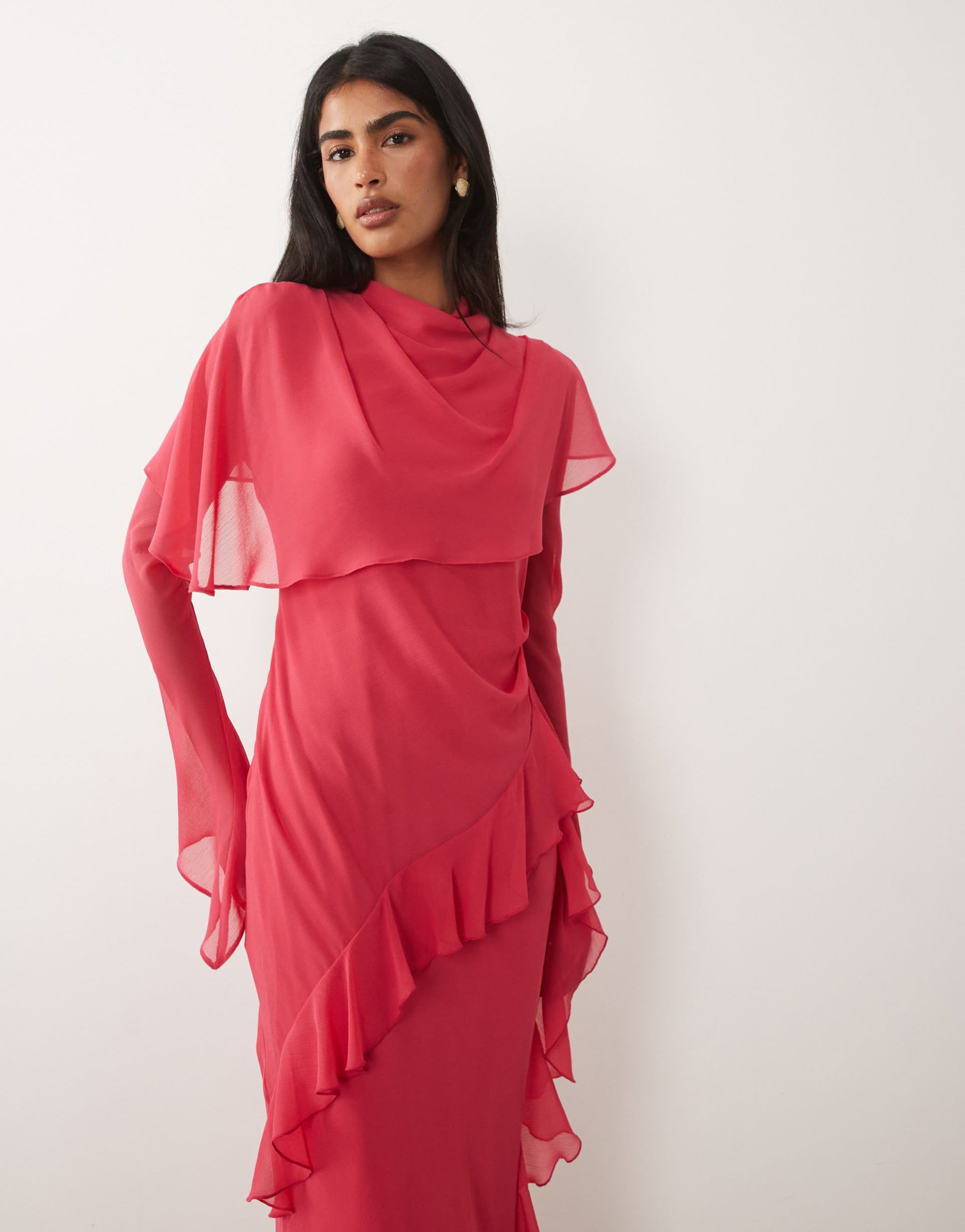 daska cape ruffle long sleeve maxi dress in rose pink