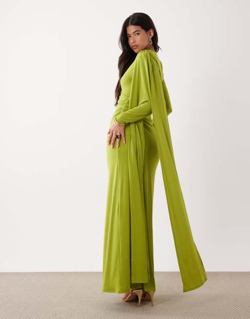 Daska - Chartreusegrøn oneshoulder-maxikjole med kappedesign, 2 af 4
