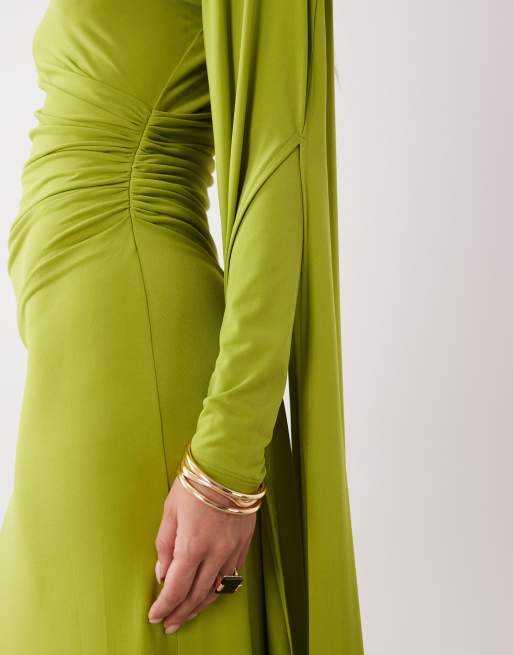Daska - Chartreusegrøn oneshoulder-maxikjole med kappedesign, 3 af 4