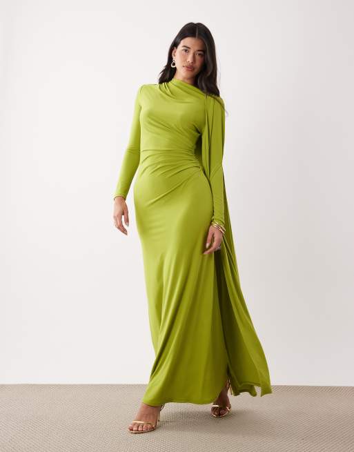 Daska - Chartreusegrøn oneshoulder-maxikjole med kappedesign, 4 af 4