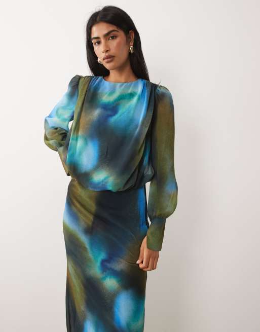 Daska chiffon drape detail blouson waist maxi dress in blurred blue and olive print, 2 of 4
