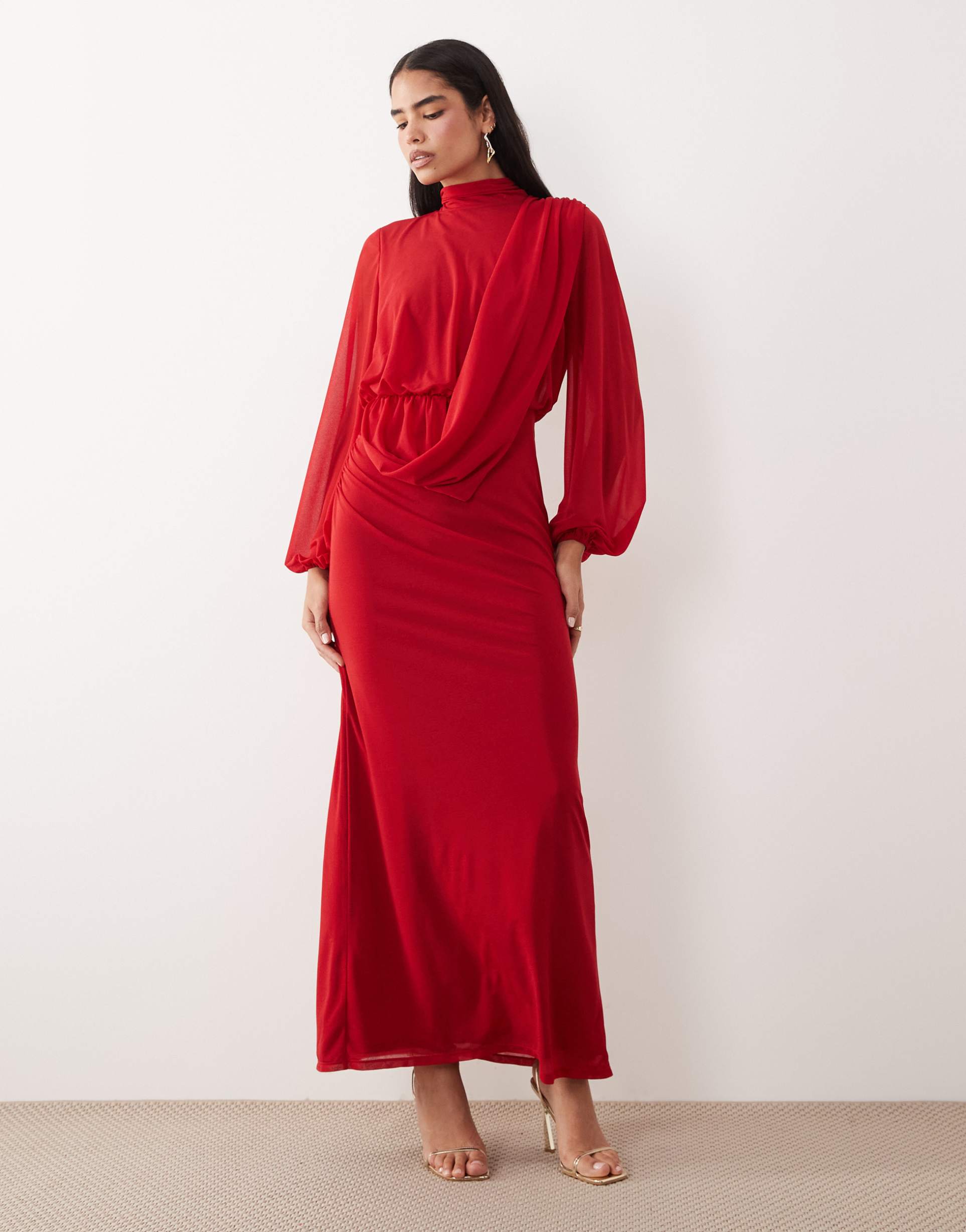 daska chiffon draped bodice maxi dress in red
