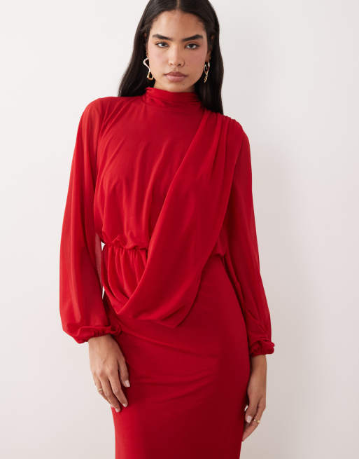 Daska chiffon draped bodice maxi dress in red, 3 of 4