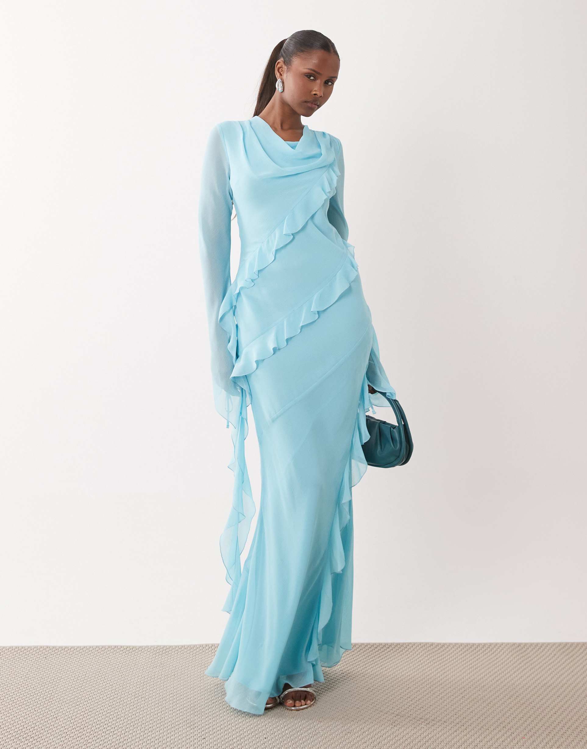 daska chiffon high cowl neck frill detail maxi dress in blue