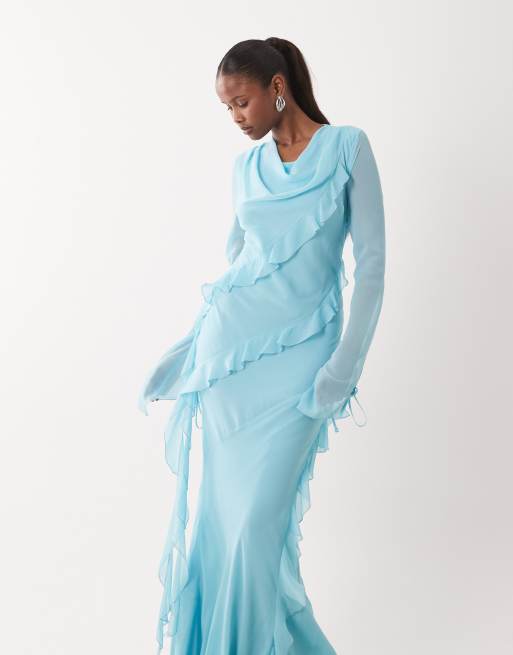 Daska chiffon high cowl neck frill detail maxi dress in blue, 2 of 4