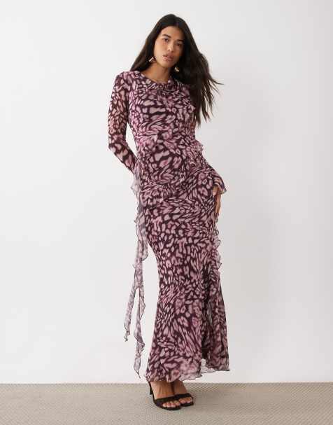 Daska chiffon high cowl neck frill detail maxi dress in burgundy animal print - view 1