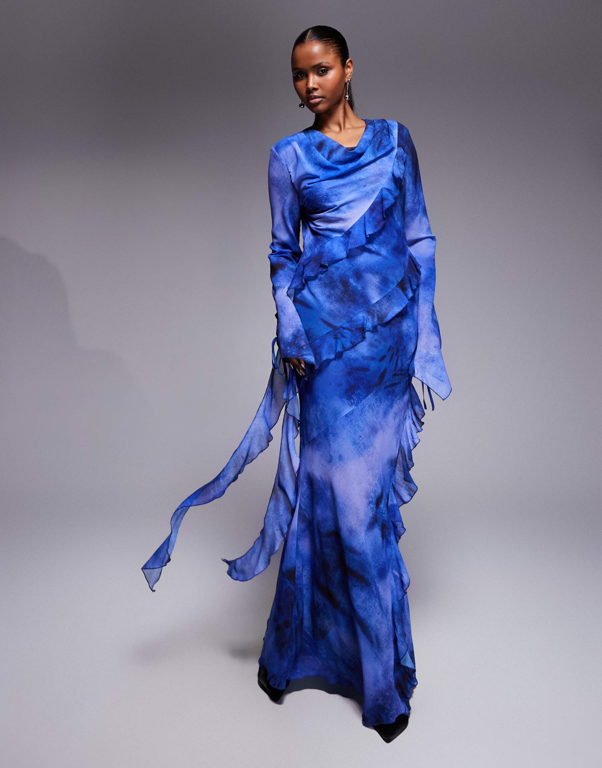 daska chiffon high cowl neck frill detail maxi dress in cobalt abstract print