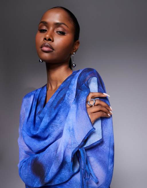 Daska chiffon high cowl neck frill detail maxi dress in cobalt abstract print , 4 of 4