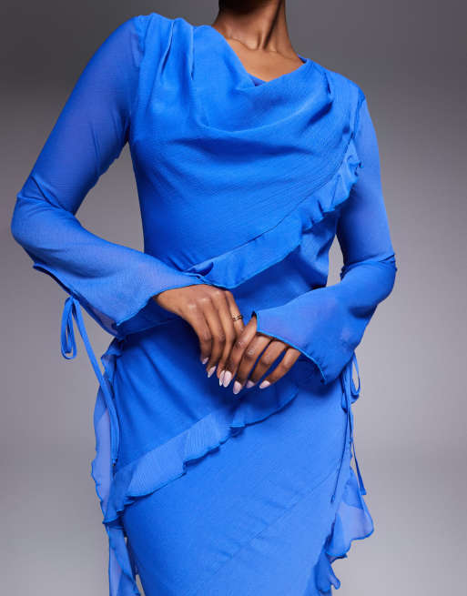Daska chiffon high cowl neck frill detail maxi dress in cobalt , 4 of 4
