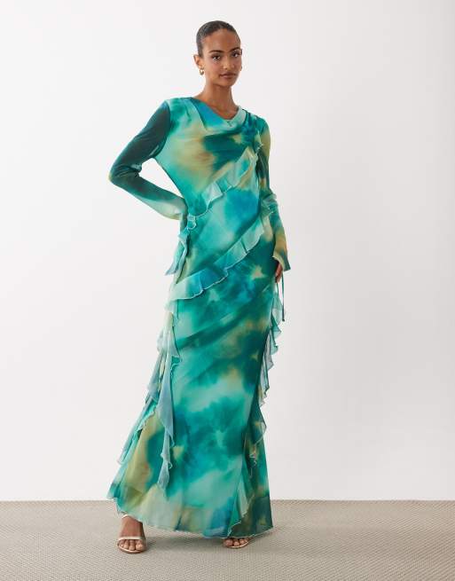 green abstract print dress Daska chiffon high cowl neck frill detail maxi in x-category:Strapless Dresses