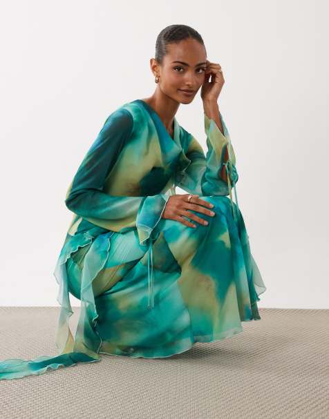 Daska chiffon high cowl neck frill detail maxi dress in green blur print - view 1