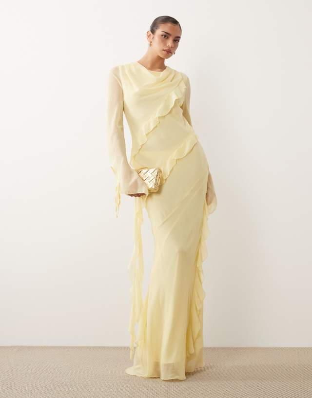 gold cowl neck frill hem maxi dress Daska chiffon high detail in lemon glitter boots