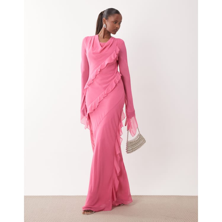 daska chiffon ruffle maxi dress in lemon Frannie Vertical Ruffle Maxi Dress Lemon