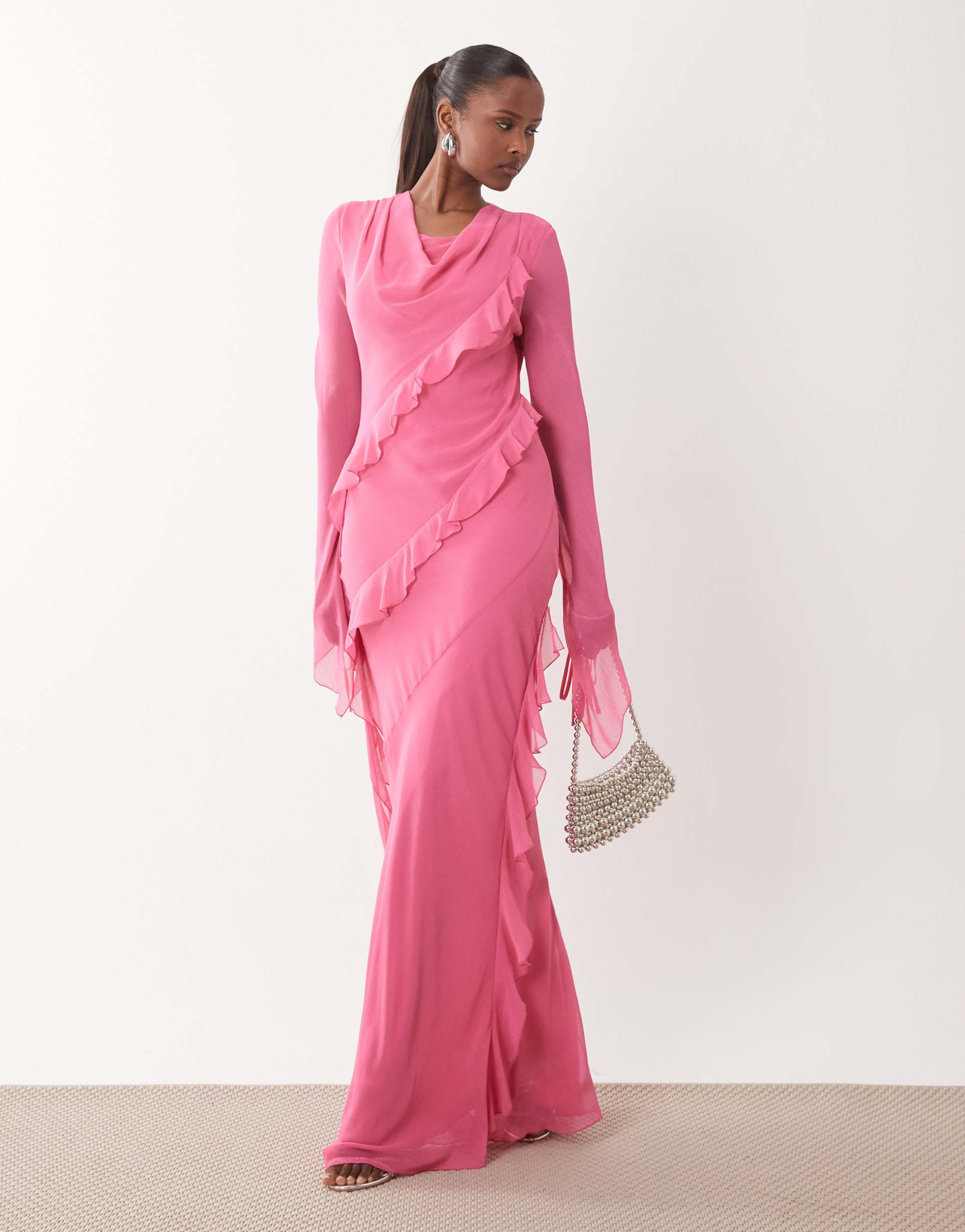 daska chiffon high cowl neck frill detail maxi dress in pink