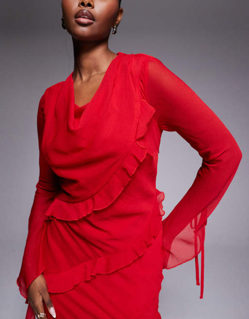 Daska chiffon high cowl neck frill detail maxi dress in red , 3 of 4