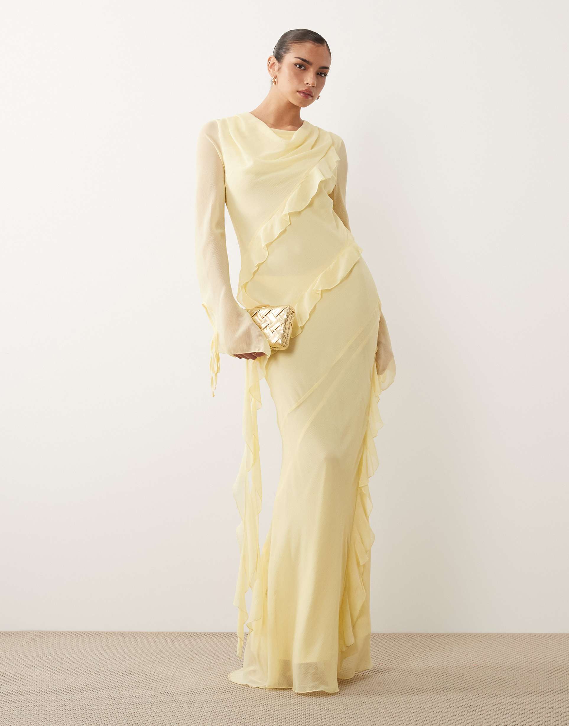 daska chiffon high cowl neck frill detailed maxi dress in butter yellow