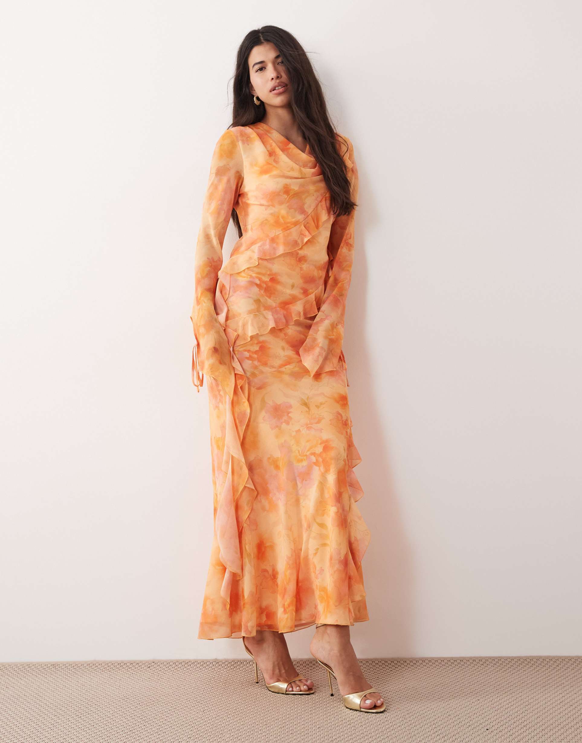 daska chiffon high cowl neck frill detailing maxi dress in pink and orange floral print
