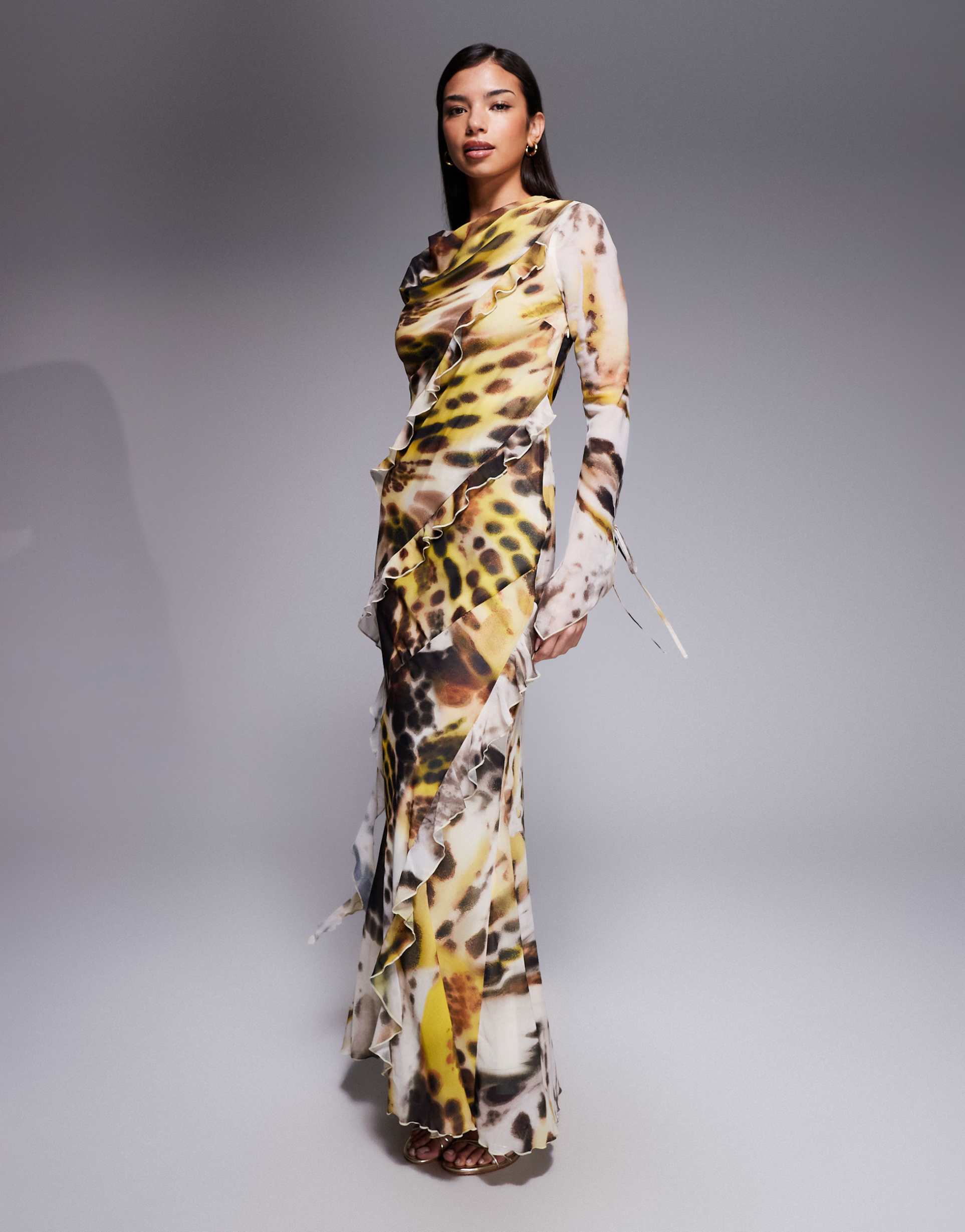 daska chiffon high cowl neck frill detailing maxi dress in white and green abstract animal print