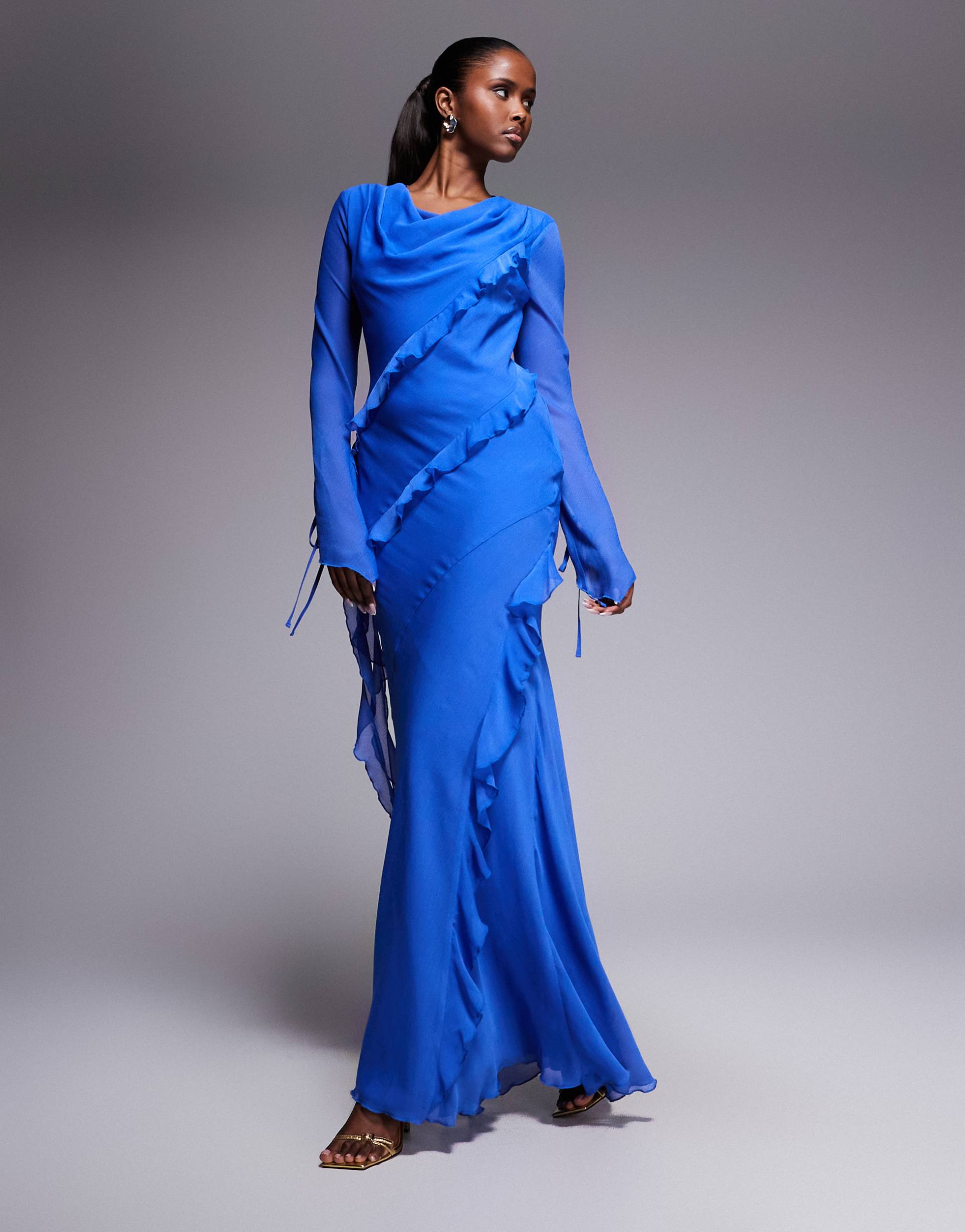 daska chiffon high cowl neck ruffle detail maxi dress in cobalt