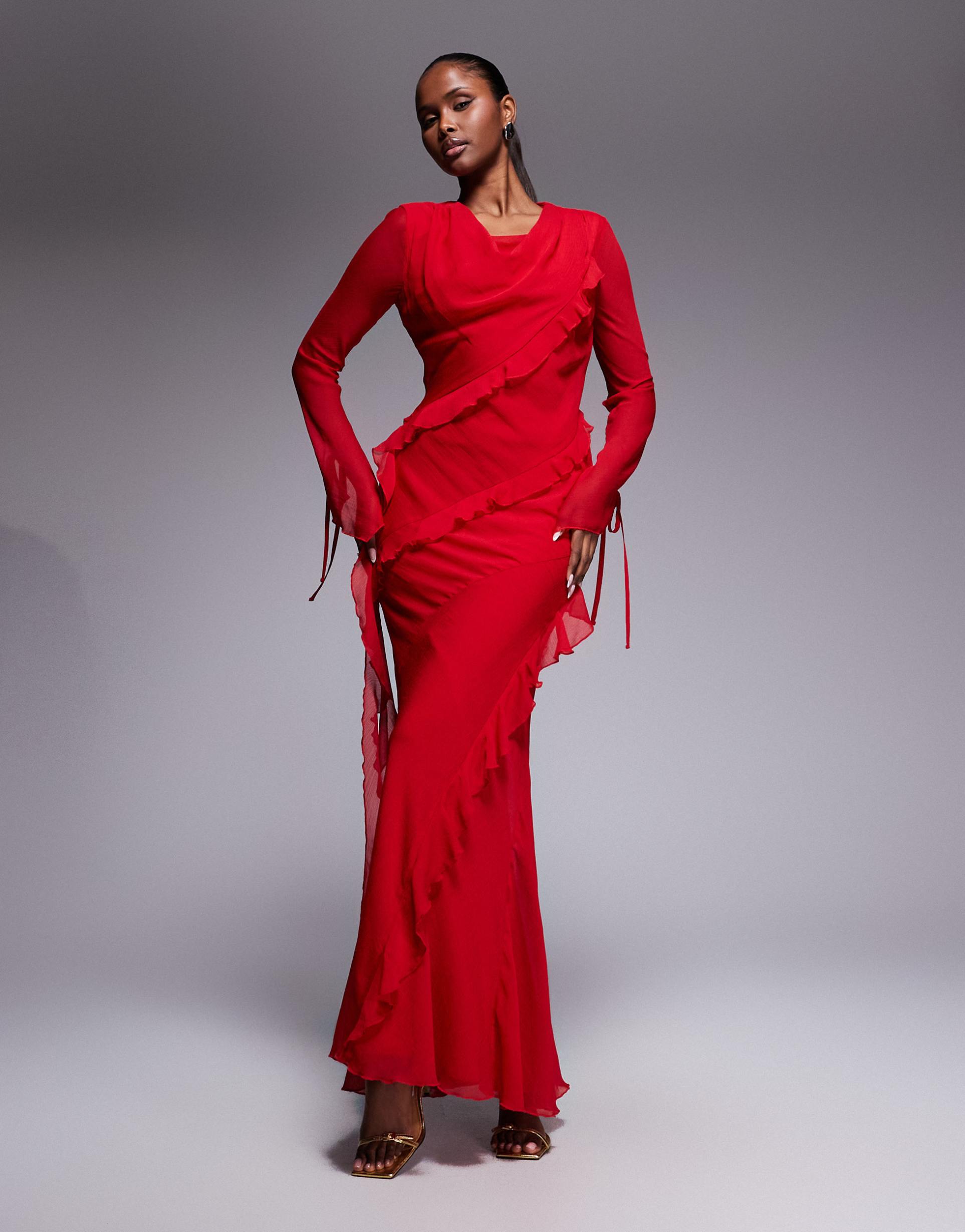 daska chiffon high cowl neck ruffle detail maxi dress in red