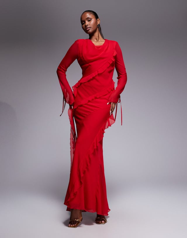 lady damascus red dress Daska chiffon high cowl neck ruffle detail maxi in lx-WDRS574