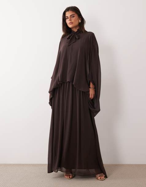 Daska chiffon high neck blouson maxi dress in chocolate - view 1