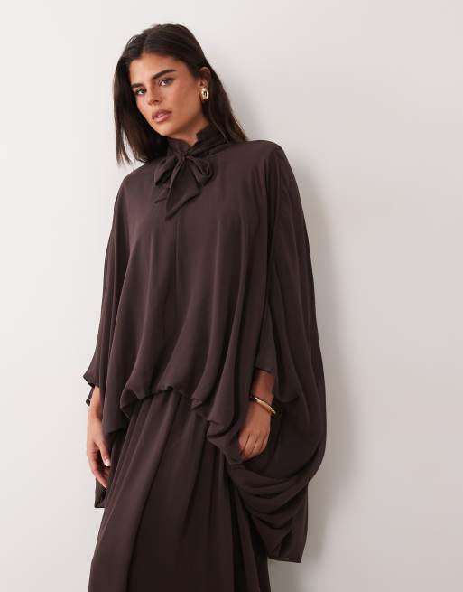 Daska chiffon high neck blouson maxi dress in chocolate, 2 of 4