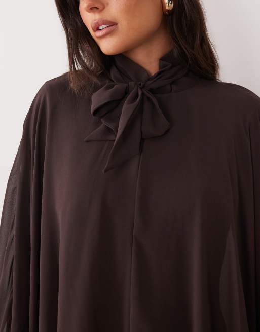Daska chiffon high neck blouson maxi dress in chocolate, 3 of 4