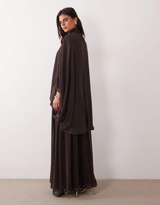 Daska chiffon high neck blouson maxi dress in chocolate, 4 of 4